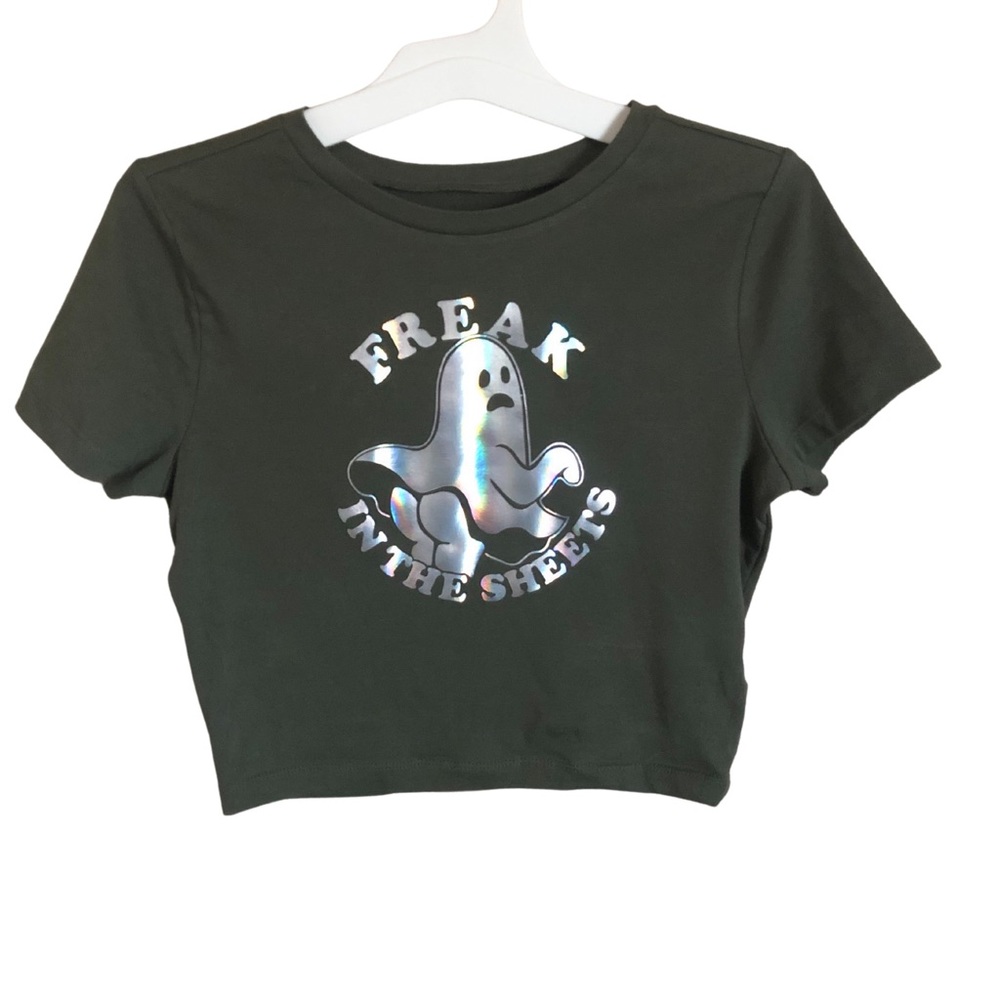 Olive green, crop top, holographic, multiple sizes, funny Halloween slogan